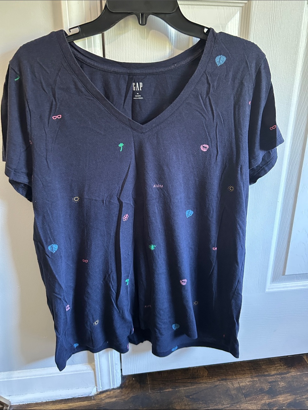 GAP Navy V‑Neck Tee with Multi Color Mini Embroideries